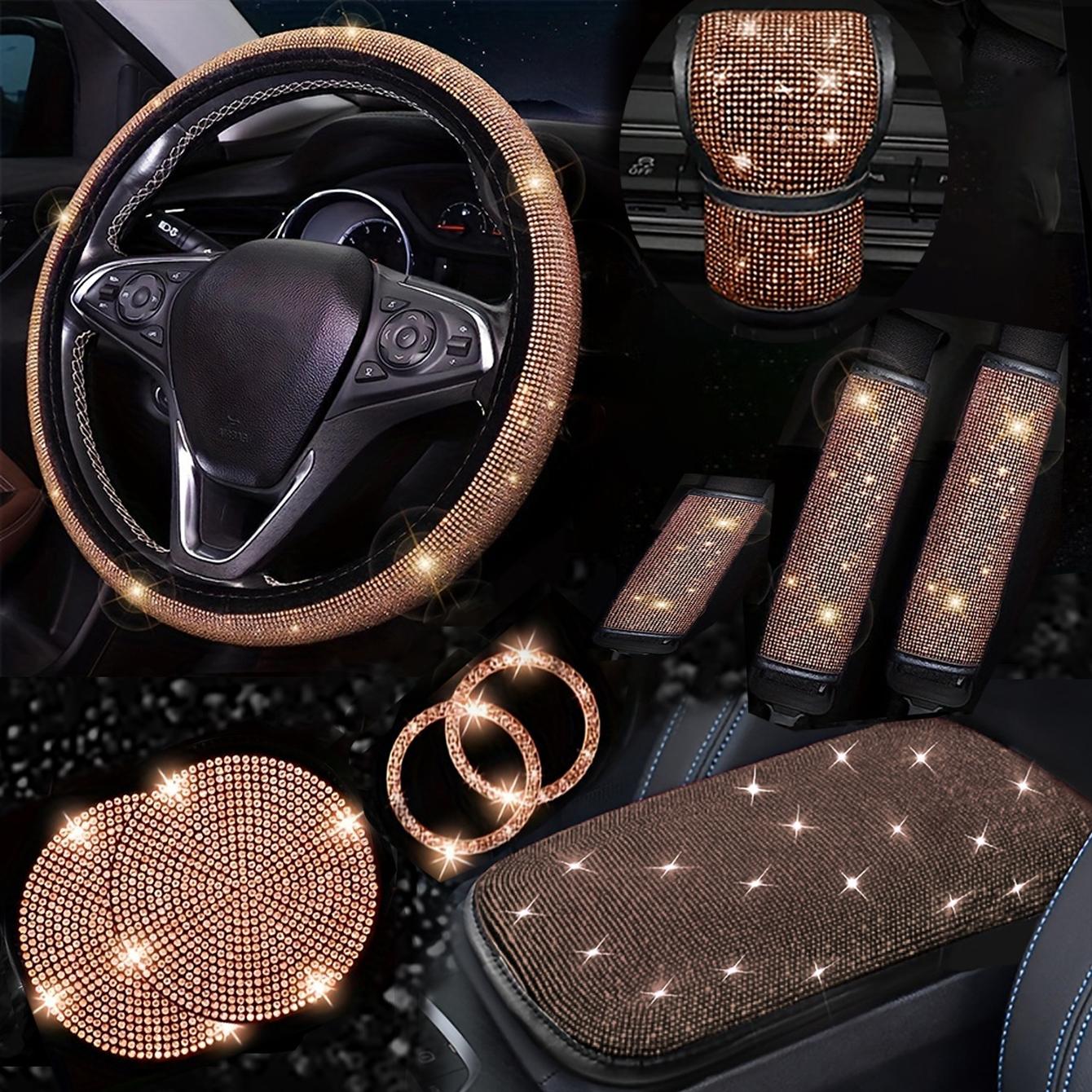 10-Piece Car Interior Set, Bling Car Accessories, Diamond Steering Wheel Covers, Sparkling Rhinestone Seat Belt Clips, Gear Shift Cover, Cup Mat, Fits Most Cars
