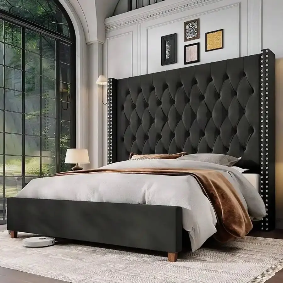Classic Upholstered Platform Bed Frame - Multi-Size (Queen/King/California King), 61.4" Tall Wingback Headboard, Solid Wood Legs, Handcrafted Pleats, Deep Button Tufted, No Box Spring Needed, Black Floor Guardrail, Requires Assembly