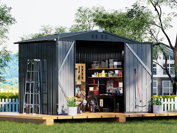 COMHOMA 8x6FT Shed Outdoor Storage Shed Metal,Lockable Doors Tool Sheds with Sloping Roof,Steel Garden Shed with Air Vent for Backyard,Patio,Lawn