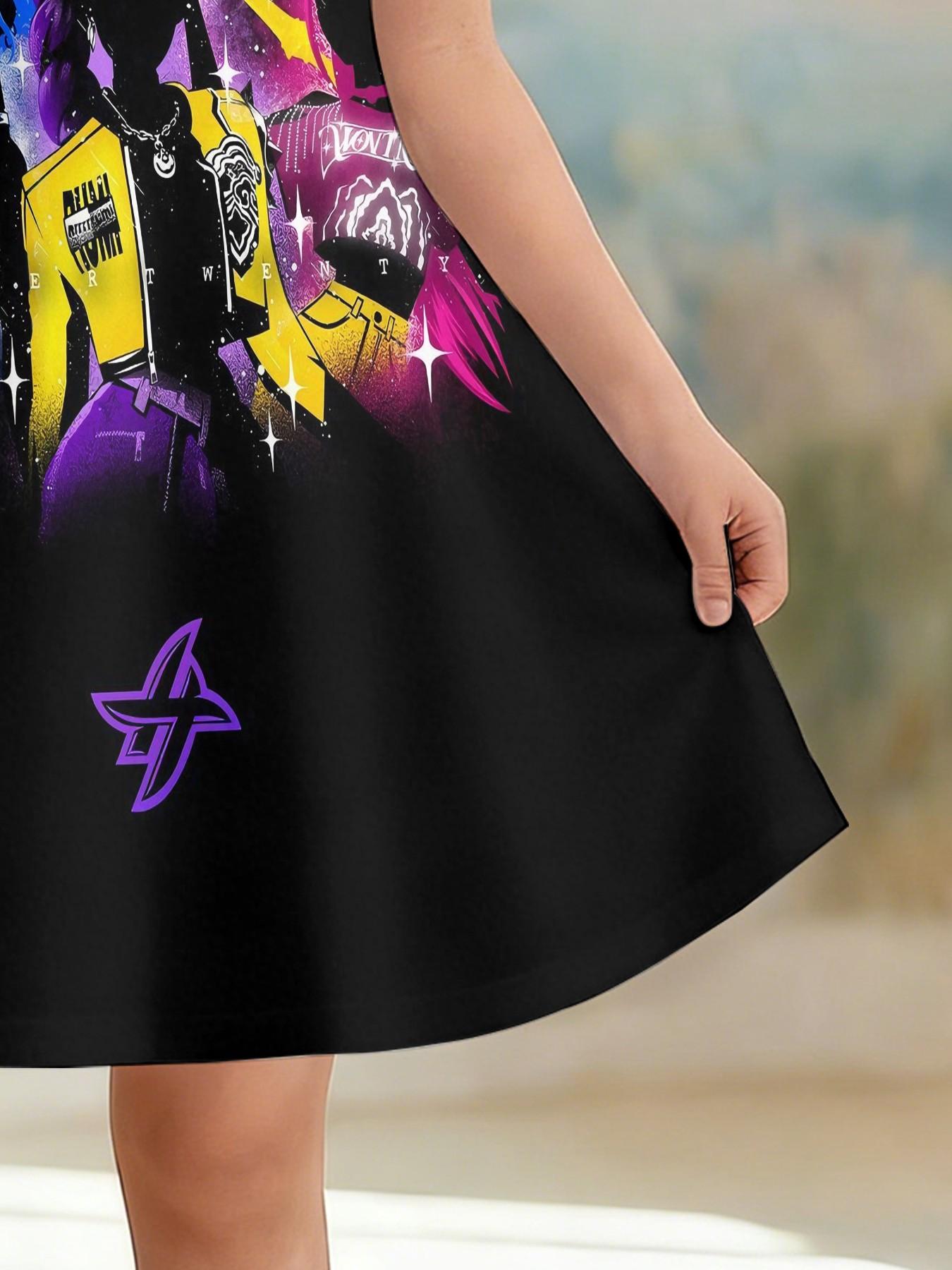 Trendy Girls' Dark Starry Print A-Line Dress, Cool Group Style Short Sleeve Dress, Fashion Outdoor Wear, Birthday & Holiday Gift