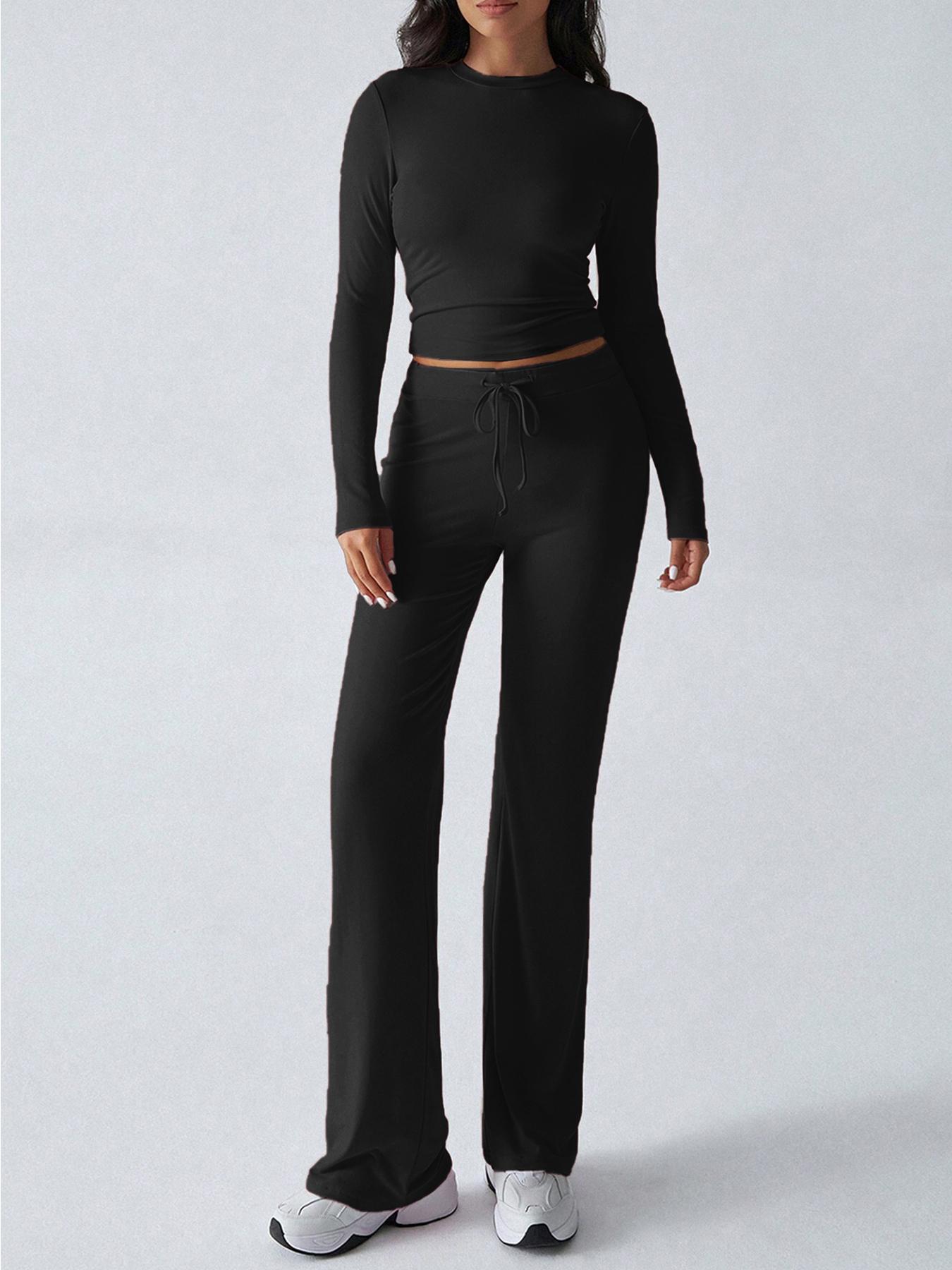 2026 Two Pieces Fall Women Clothes Y2K Sporty Casual Home Solid Color Fitted Long-Sleeved T-Shirt And Long Pants Set