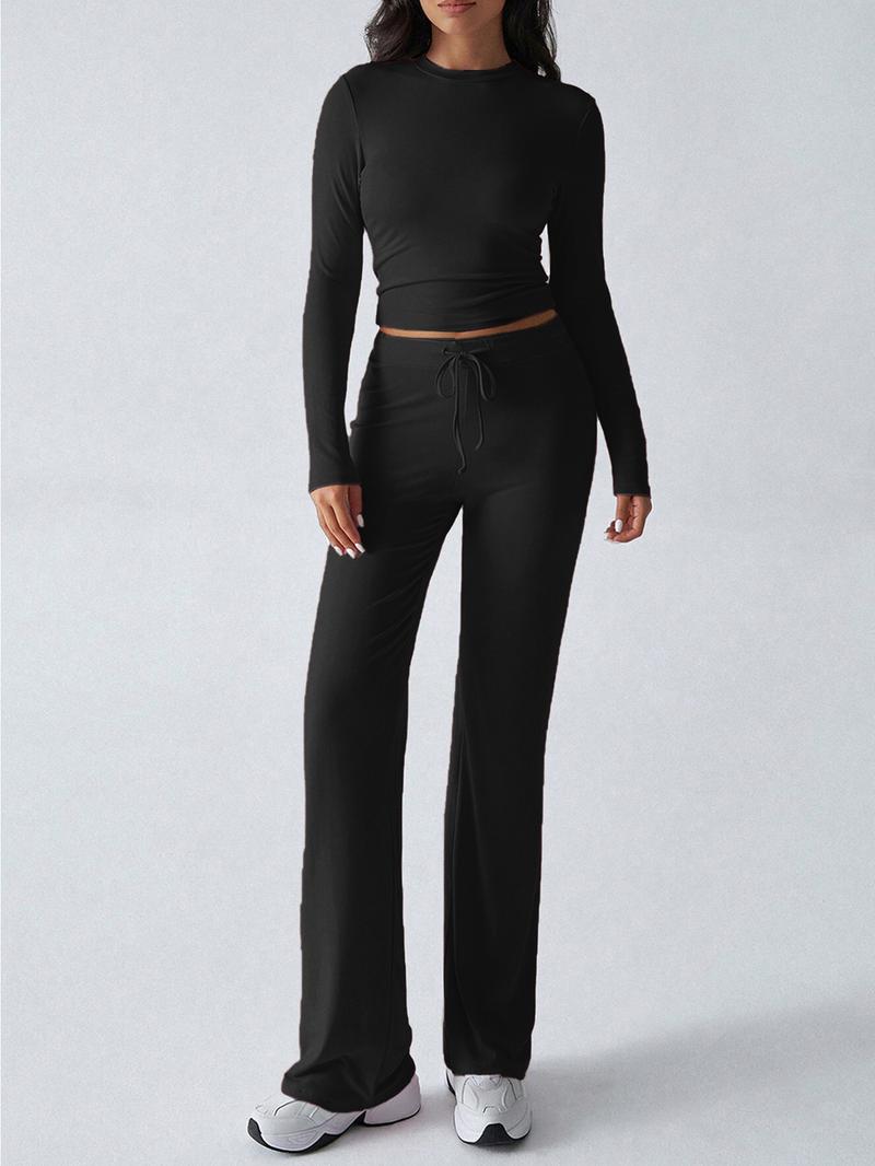 2026 Two Pieces Fall Women Clothes Y2K Sporty Casual Home Solid Color Fitted Long-Sleeved T-Shirt And Long Pants Set
