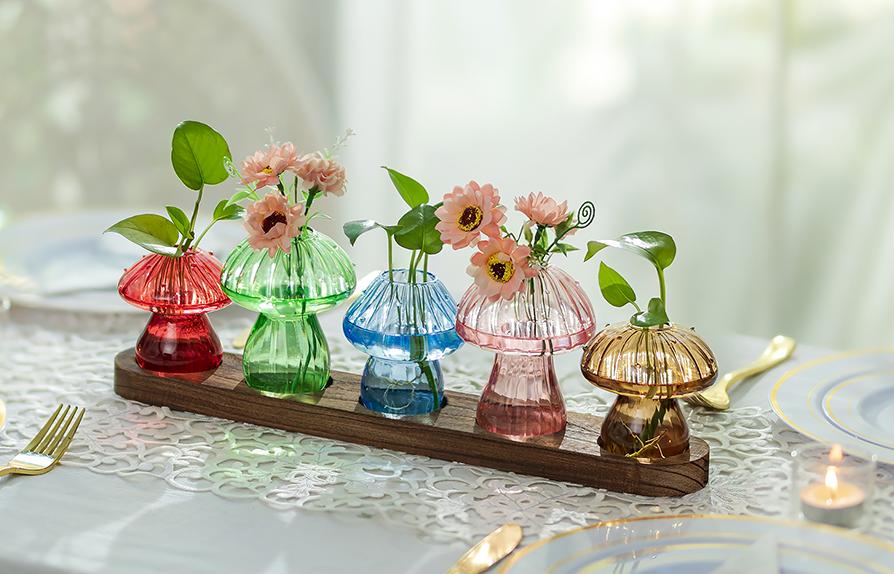 Mushroom Vase, Set of 5, Boho Style Bud Vases with Wooden Tray, Unqiue Planters for Indoor Plants, Decorative Flower Vases for Home Decor, Dealsforyouday