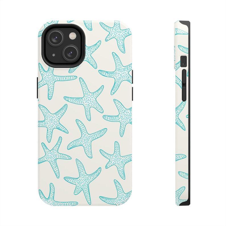 Turquoise Starfish on Off-White Coastal Print Phone Case — Compatible with Samsung S26/S25/S24/S23/S22/S21, iPhone 17/16/15/14/13/12/11, Drop-Resistant, Non-Slip, and Fade-Resistant, Nautical Summer Beach Protective Cover