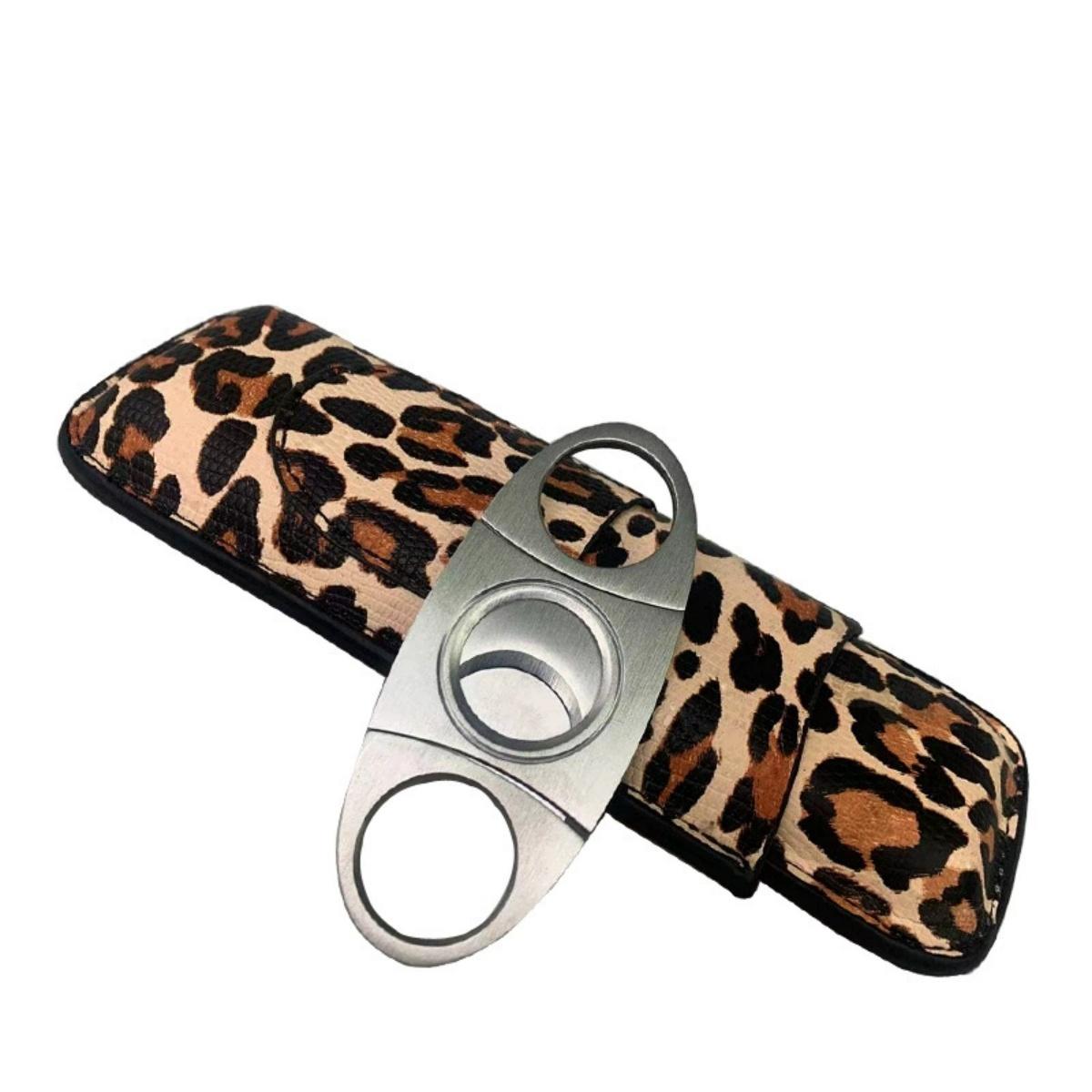 Portable Cigar Case with Knife, Leopard Print Cigar Holder, Moisture Box, Cigar Set Includes Cigar Cutter, Travel-Friendly