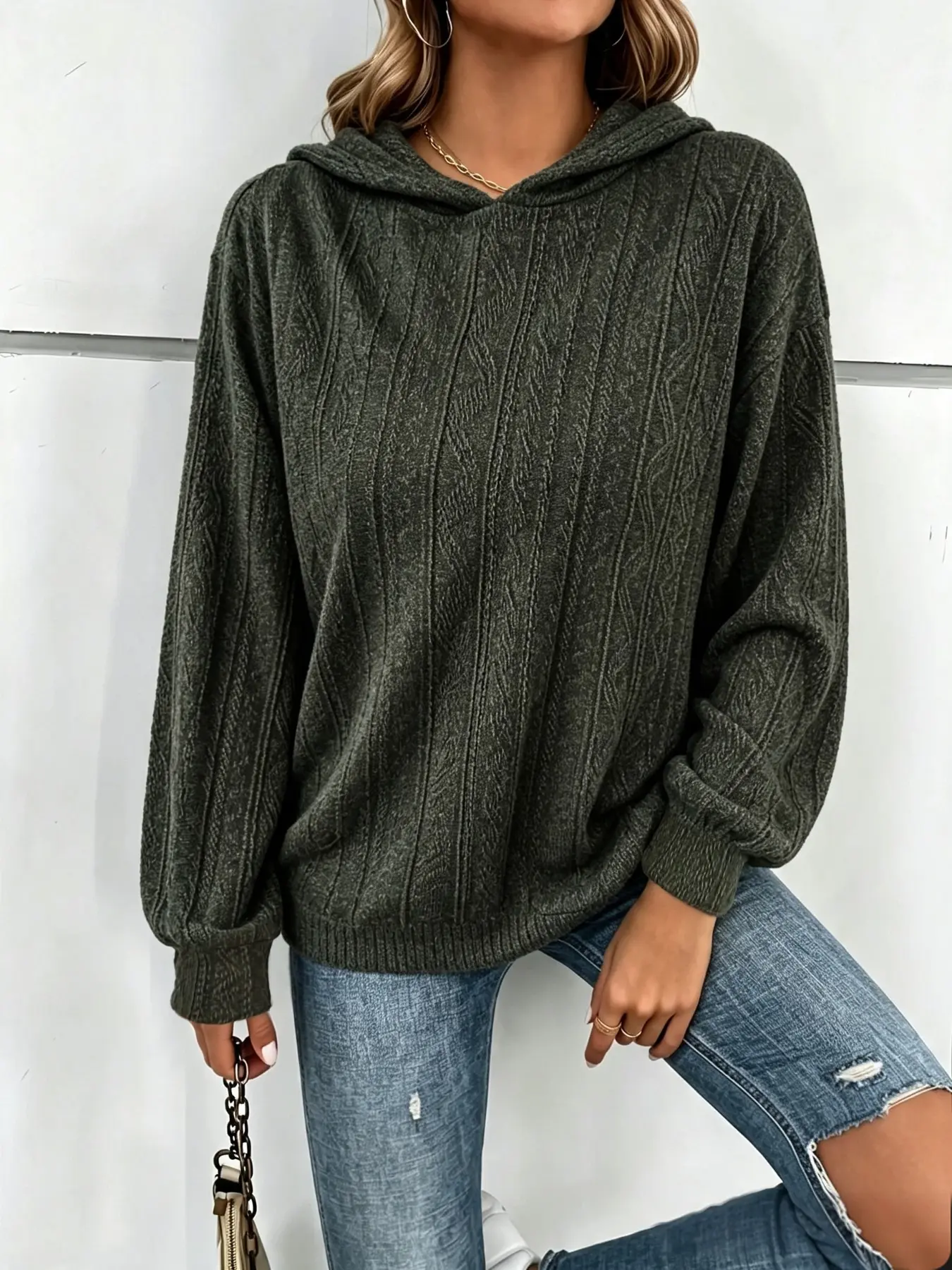 Plus Size Solid Color Hoodie Casual Long-Sleeve Hooded Sweatshirt, Casual Hooded Sweatshirts, Y2K Summer Daily Wear, Comfortable Relaxed Fit, Textured Knit Detail, Party Casual Wear
