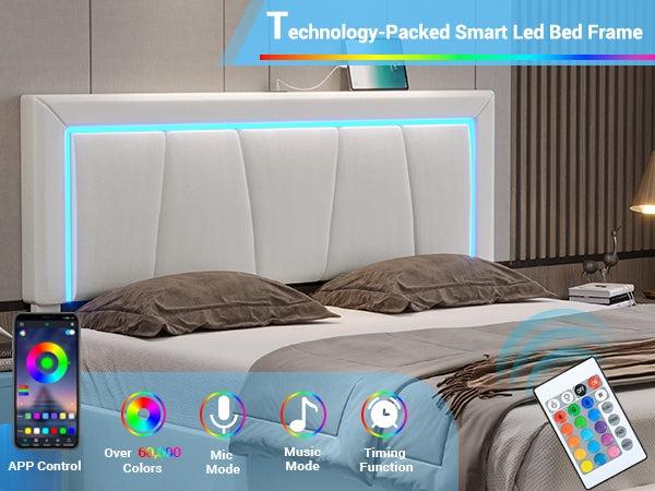 Sikaic Faux Leather Platform LED Bed Frame With Storage Drawers And USB Ports Adjustable Headboard White Furniture Modern Interior Design Luxury