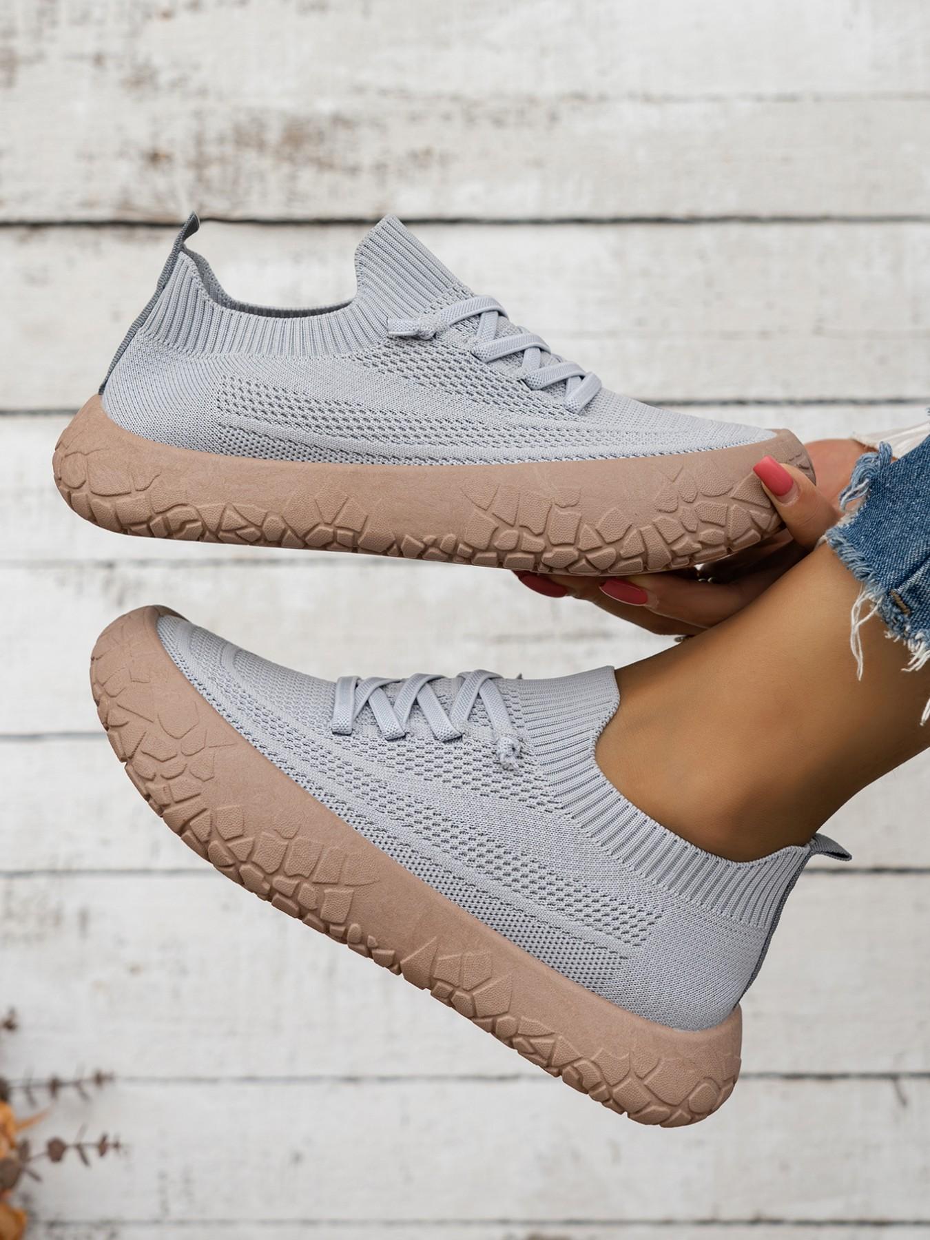 Women's Breathable Flyknit Casual Dad Shoes, Casual Trainer Footwear, Round Toe Flatform Sneakers, Wide Fit PVC Sole, All-Season Comfort for Daily Wear