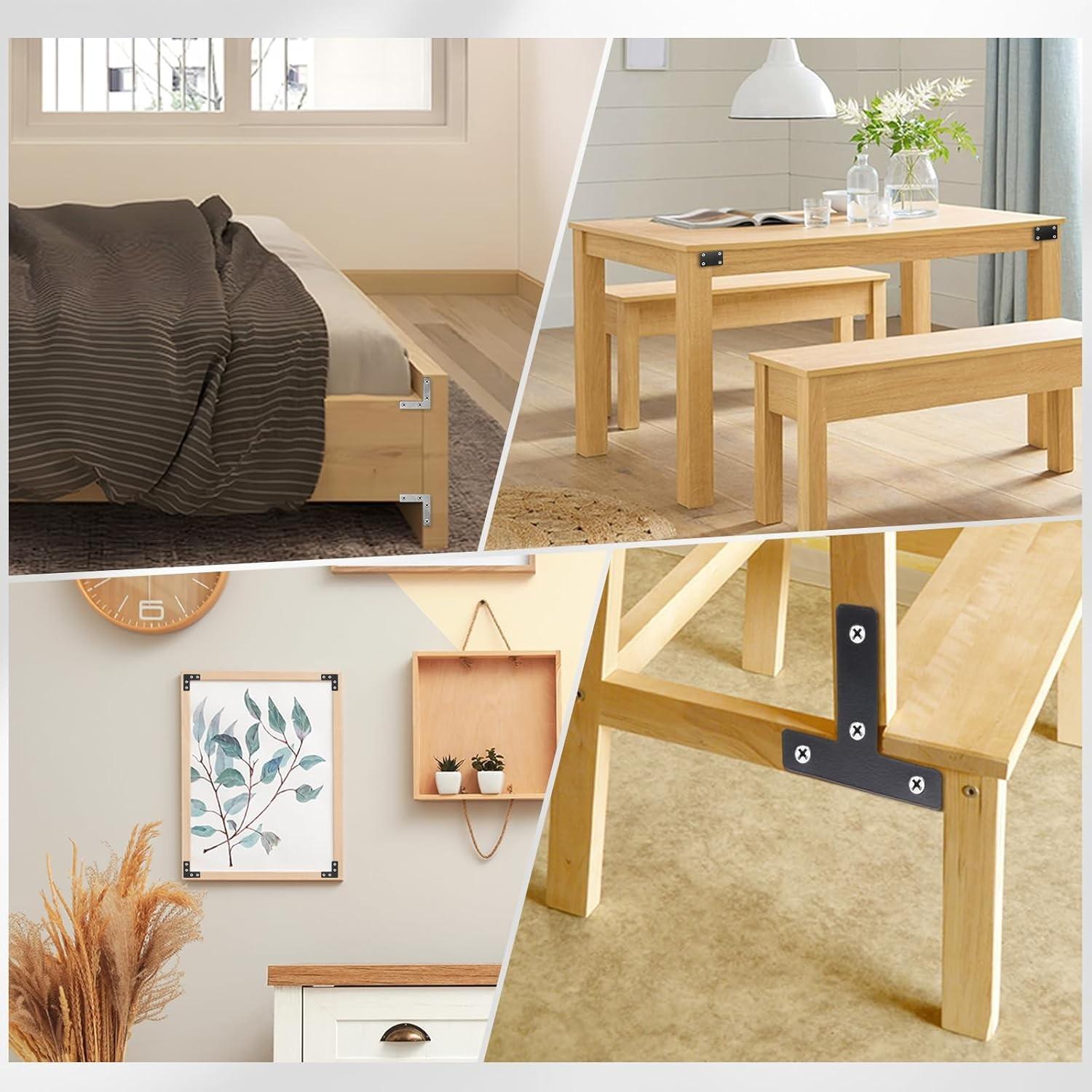 T Shape Flat Mending Plates 40mm x 40mm (1.57" x 1.57") T Corner Braces T Bracket Connector Fixing Repair Plates for Wood Furniture, Cabinet, Windows, Black