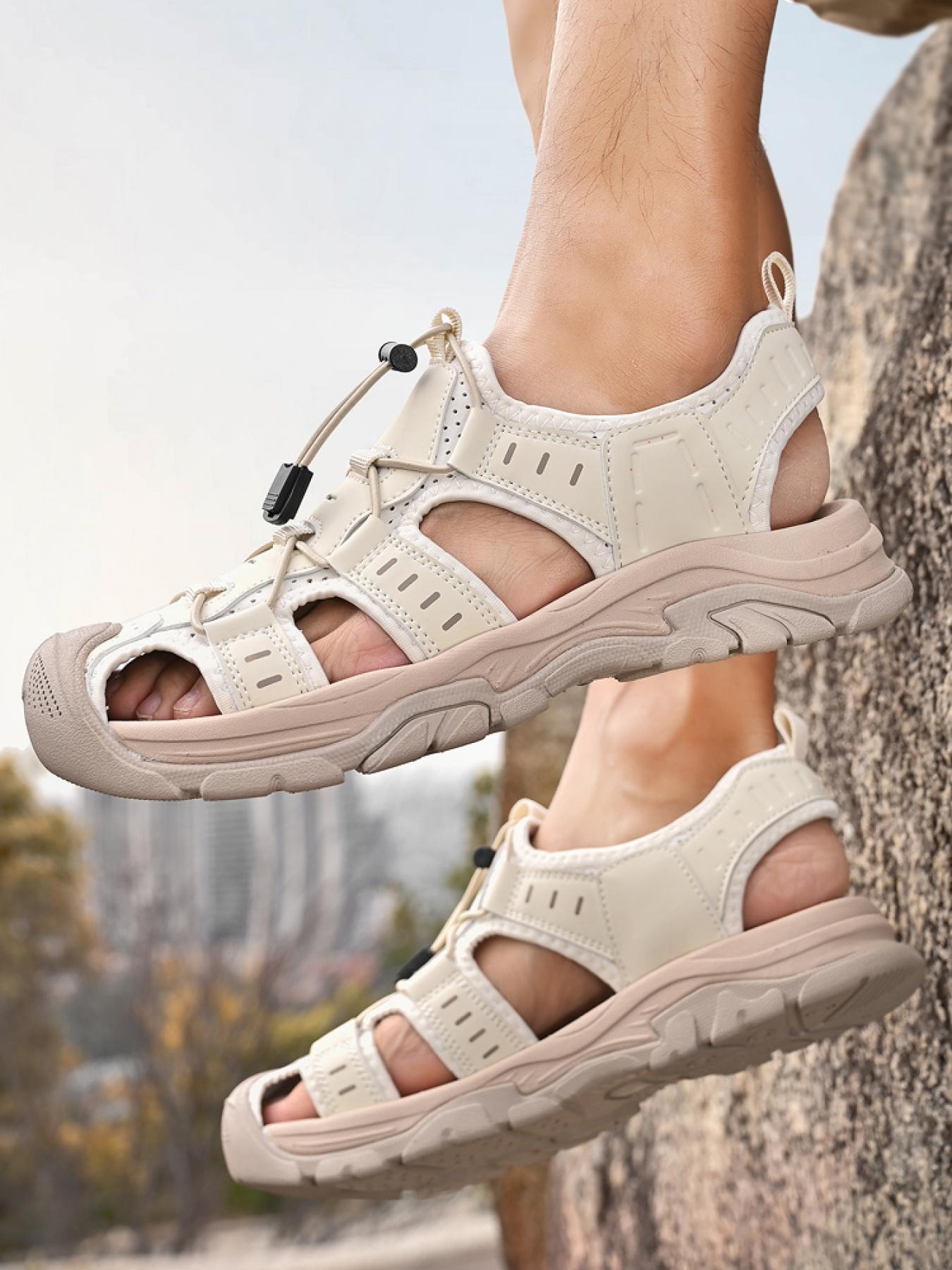 Men's Black and White Drawstring Closed-Toe Outdoor Sandals Thick-Soled Non-Slip Hollow-Out Water Shoes Breathable Durable Beach Hiking Shoes