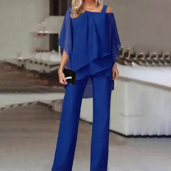 Plus Size Half Sleeve 2 Piece Chiffon Pantsuit Formal Wedding Guest Outfit for Mother of Bride