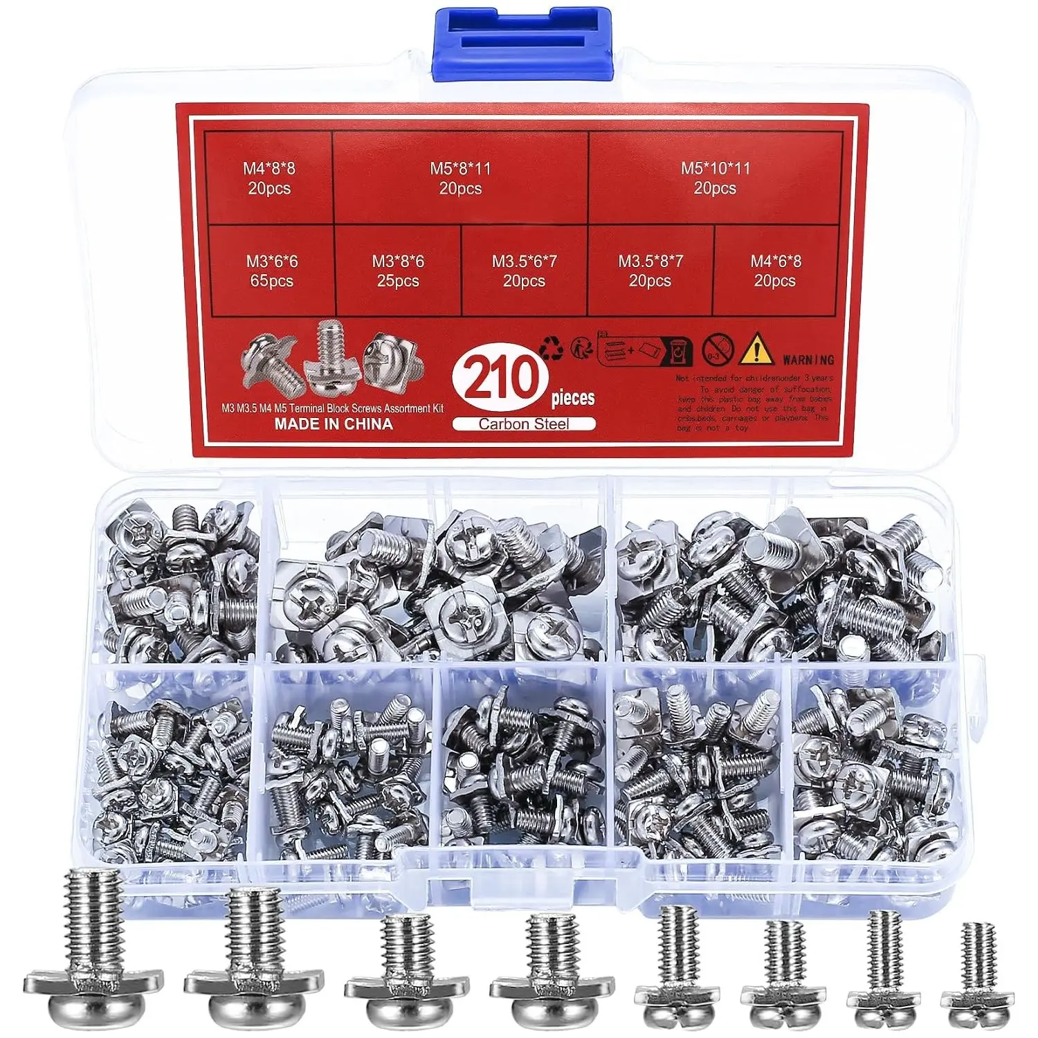 210 Pcs Terminal Block Screws Assortment Kit, M3 M3.5 M4 M5 with Square Washers, Nickel-Plated Carbon Steel for Fixing Wires in Electrical Facilities