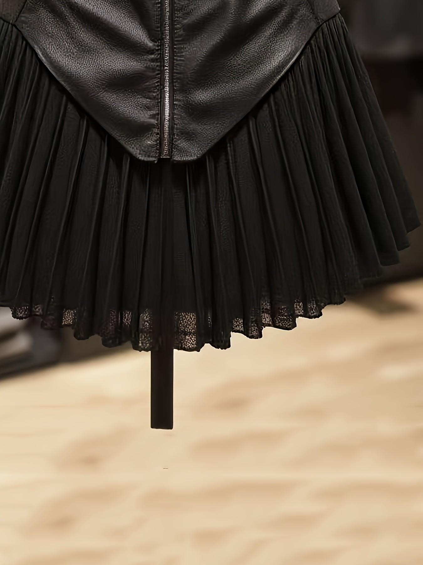 Elegant Women's High-Waisted Short Skirt, Leather and Mesh Patchwork Pleated Skirt, Casual Office Fashion, All-Season Wear, Zipper