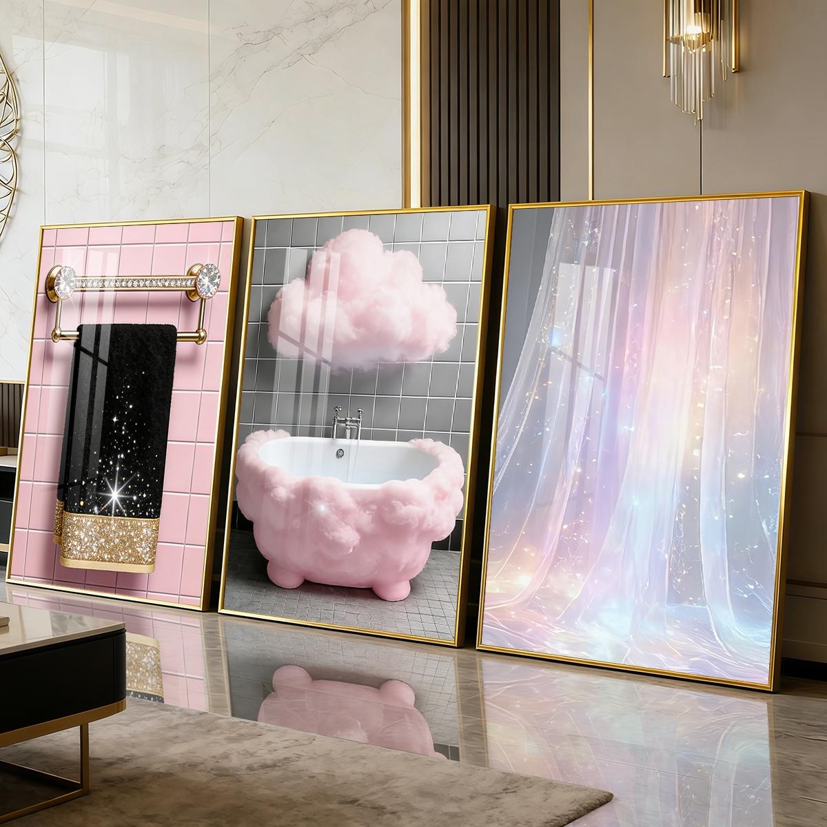 3 Counts Aluminum Alloy Framed Painting, Sparkling Bathroom Luxury Cloud And Curtain Art Pictures, Home Decoration For Living Room, Bedroom, Office, Restaurant, Hallway Wall Decor, Odorless Print Artwork, Luxury Perfect Gift For Friends And Family