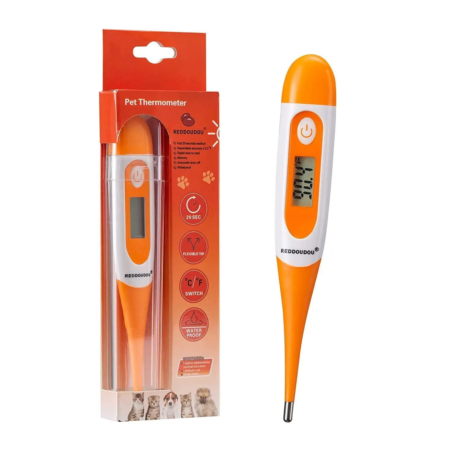 Digital Pet Thermometer for Accurate Fever Detection Waterproof Fast Accurate Measurement in 20 Seconds Suitable for Cats Dogs Horse Veterinarian Orange