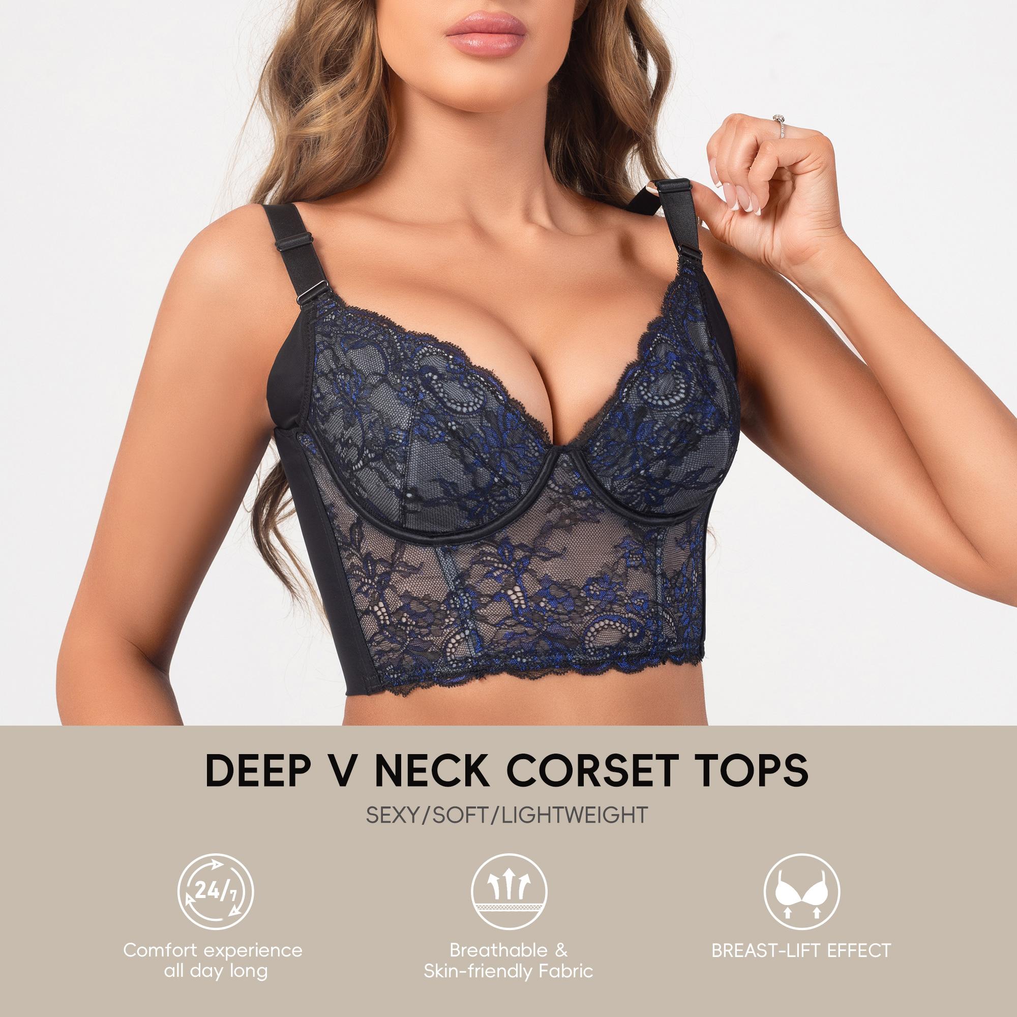 QOU Sexy Lace Bra, Push Up Bra, Plus Size Deep V Neck Bustier Corset Top for Women, summer outfits, Blue Undergarment Shaping Lacy Fashion Shapewear, Bottom Comfortable minimizer bra, Basic Womenswear, Underwire Minimalist bras plus size bra pack