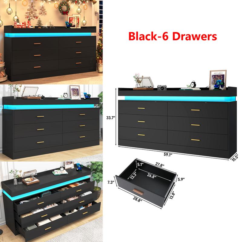Dresser with LED Light, Modern Chest of Drawers for Closet, Wide Drawer Organizer Cabinet for Bedroom, Living Room, Entryway, Hallway, White/Black