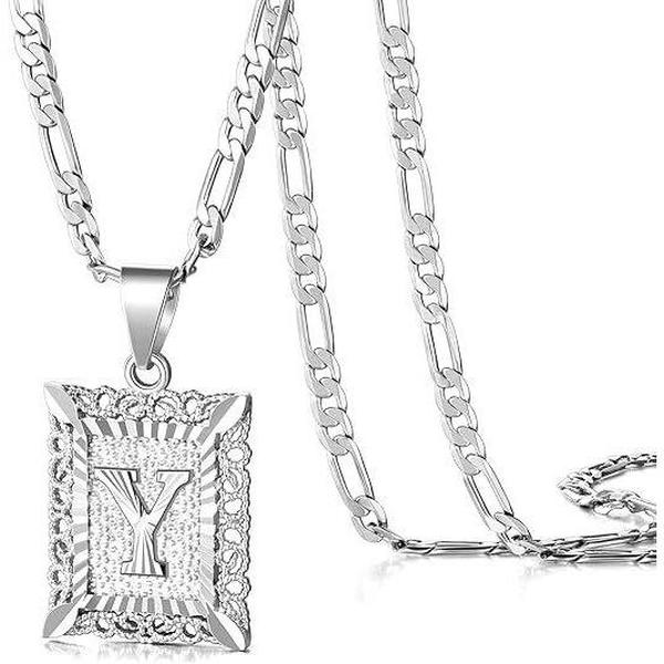 14K Gold Plated Personalized Square Capital Monogram Pendant Necklace, 2PCS Initial Letter Pendant from A Z Figaro Chain Necklace Jewelry Gift Fashion Jewelry Gift for Holiday Haul Christmas Birthdays Anniversaries