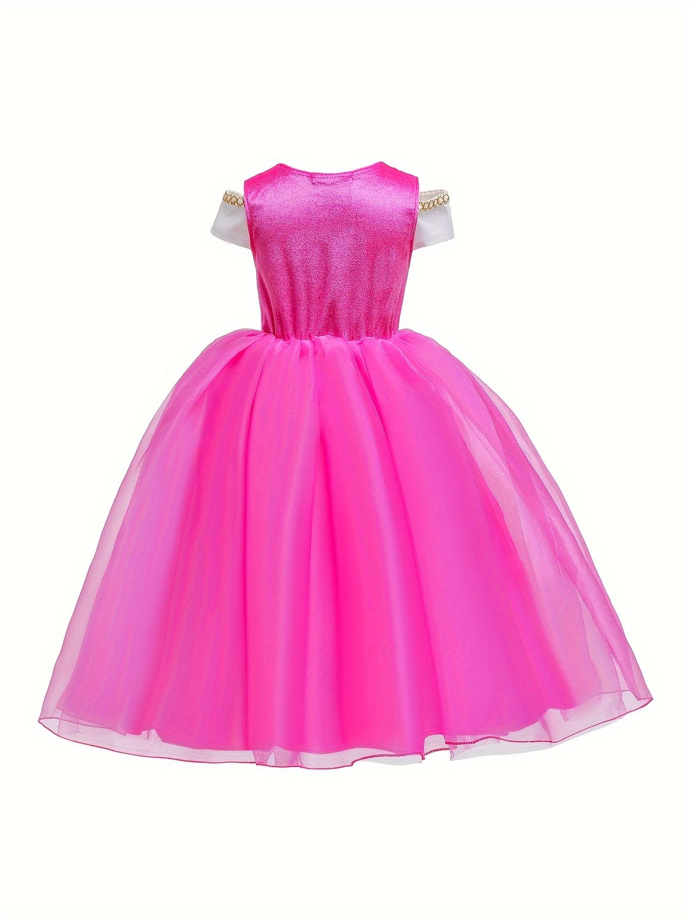 Girls' Full-Length Tulle Skirt Princess Look Formal Dress, Elegant Pink Party Wear with Crown Set, Halloween-Christmas Role-Playing Costume Gift Outfit