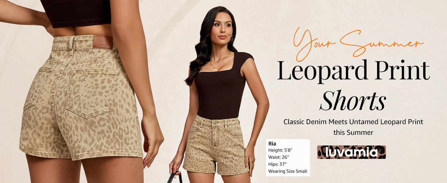 luvamia Jean Shorts for Women Trendy High Waisted Cheetah Leopard Animal Print Stretchy Denim Shorts Summer Casual Jorts