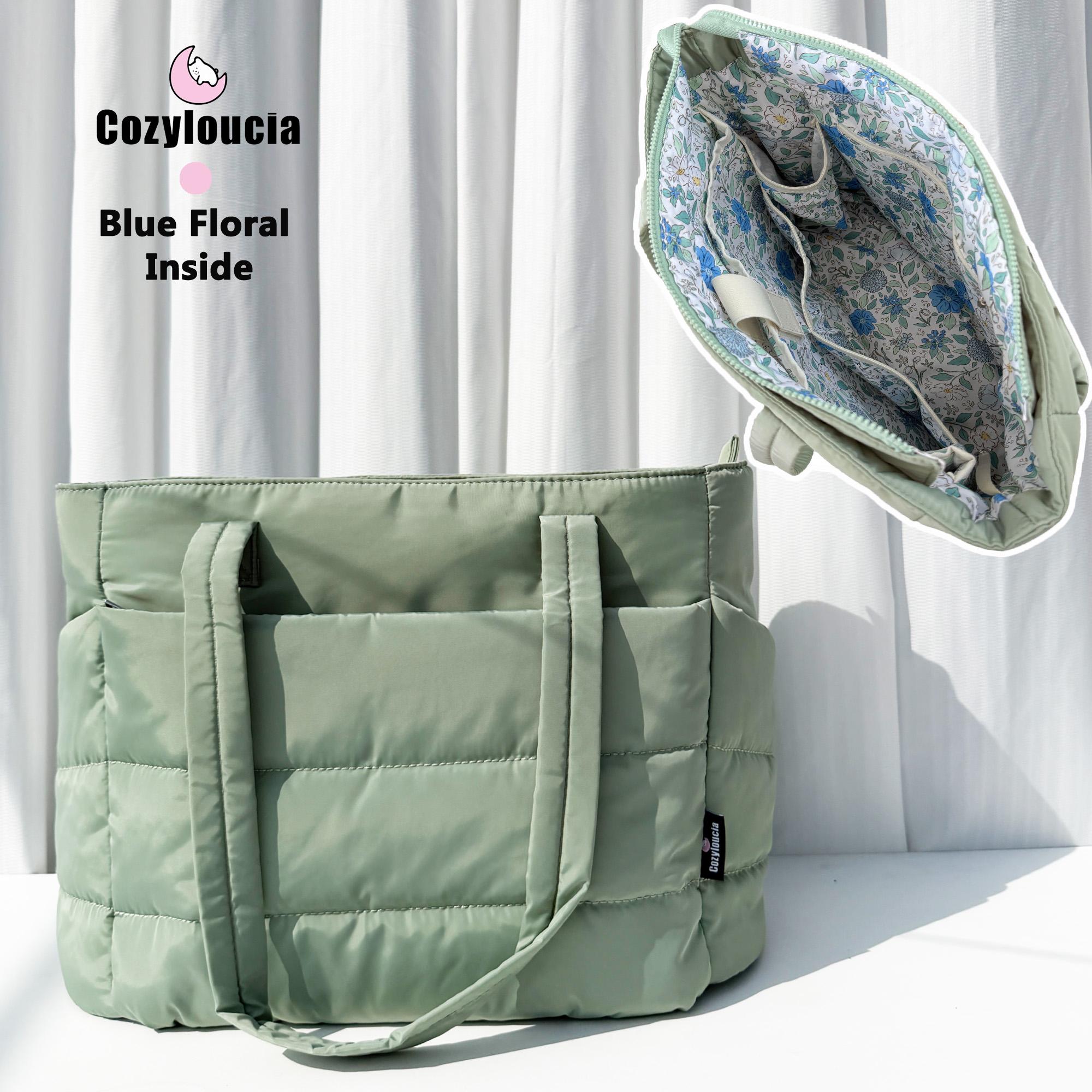 CozyLoucia Cute Puffer Tote Bag for Women Pink Flower Print Interior Laptop Shoulder Handbag, Lightweight Best Tote Bag for Work with Multiple Compartments for Travel , Work  and School ,Christmas Gift Ideas