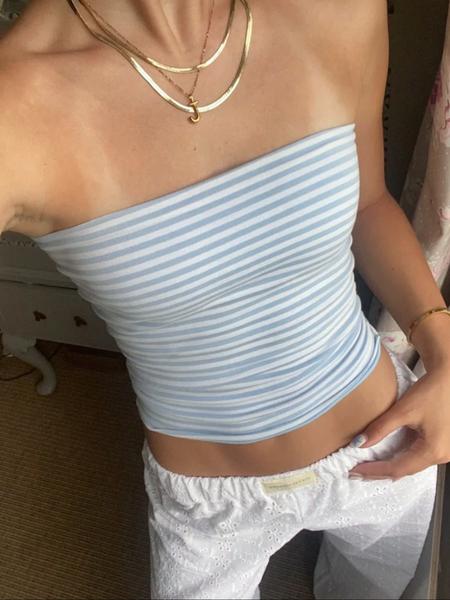 Women's Striped Print Ruched Crop Tube Top, Casual Strapless Cropped Top for Summer, Ladies Clothes for Daily Wear