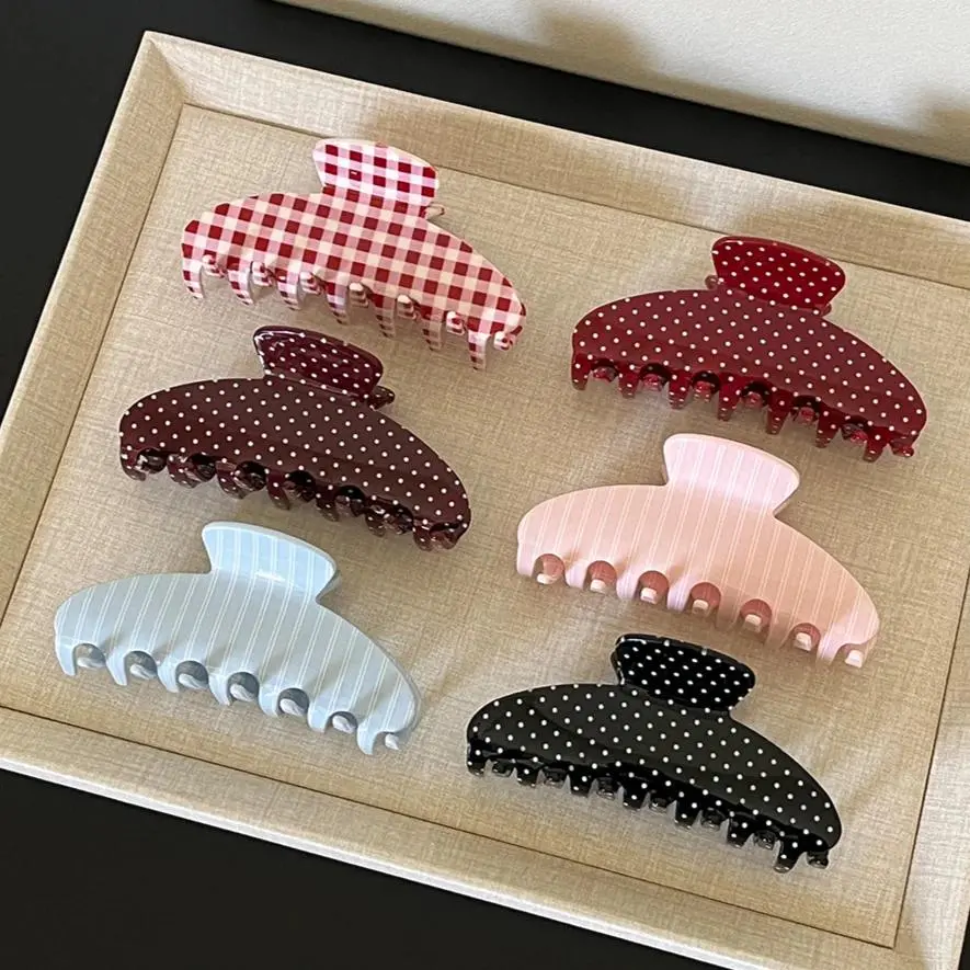 Fashion Large Hair Claw Clips for Women Girls Retro Checkered Polka Dot Strong Hold Non-slip Hair Accessories for Everyday Wear