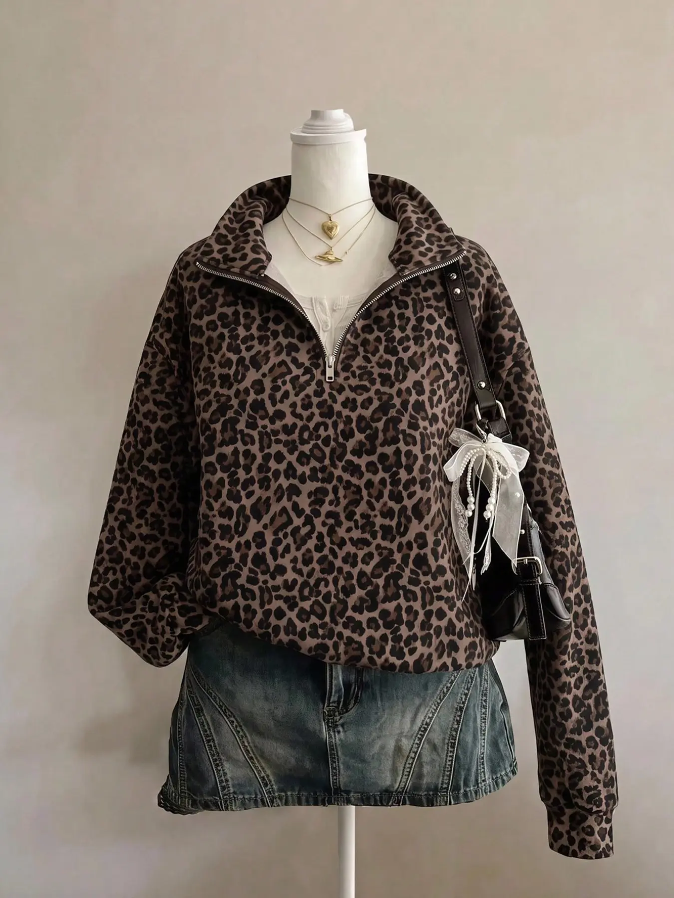 Women's Leopard Print Half-Zip Stand Collar Sweatshirt, Comfortable Fabric, Fall Winter Fashion, Casual Streetwear, Daily Wear
