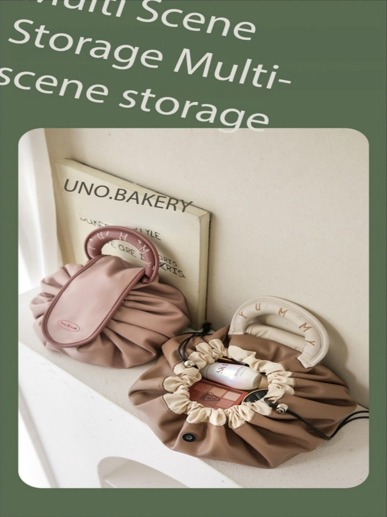 New Lazy Drawstring Makeup Bag for Women, Portable Waterproof PU Travel Wash Bag, Handheld Storage Pouch Box, High-End Design