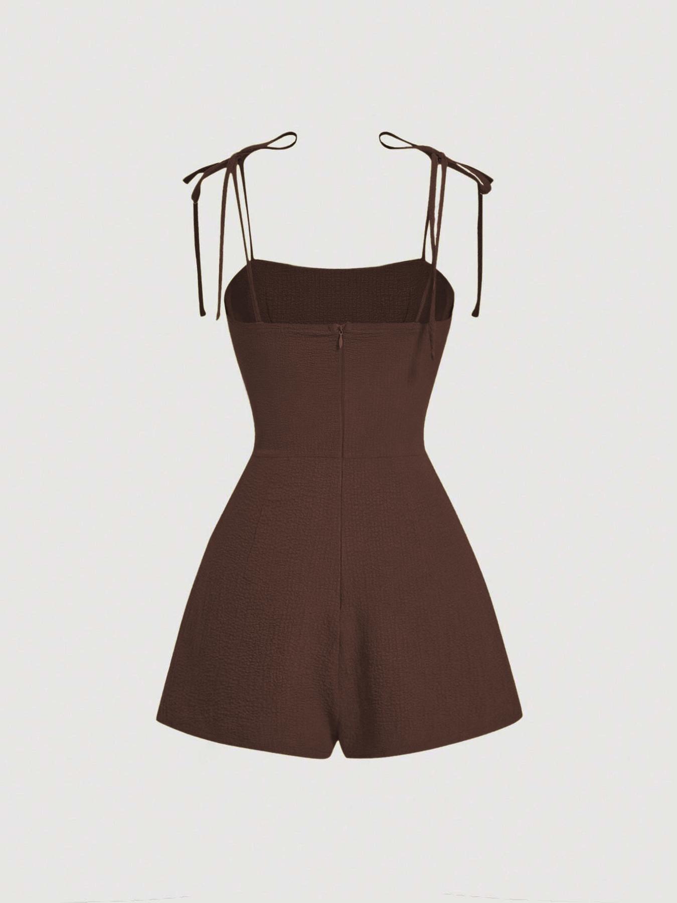 Women's Plain Tie Shoulder Romper, Casual Sleeveless Zipper Romper for Summer, Women's Clothes for Daily Wear