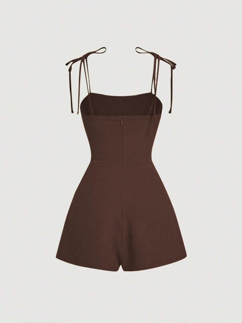 Women's Plain Tie Shoulder Romper, Casual Sleeveless Zipper Romper for Summer, Women's Clothes for Daily Wear