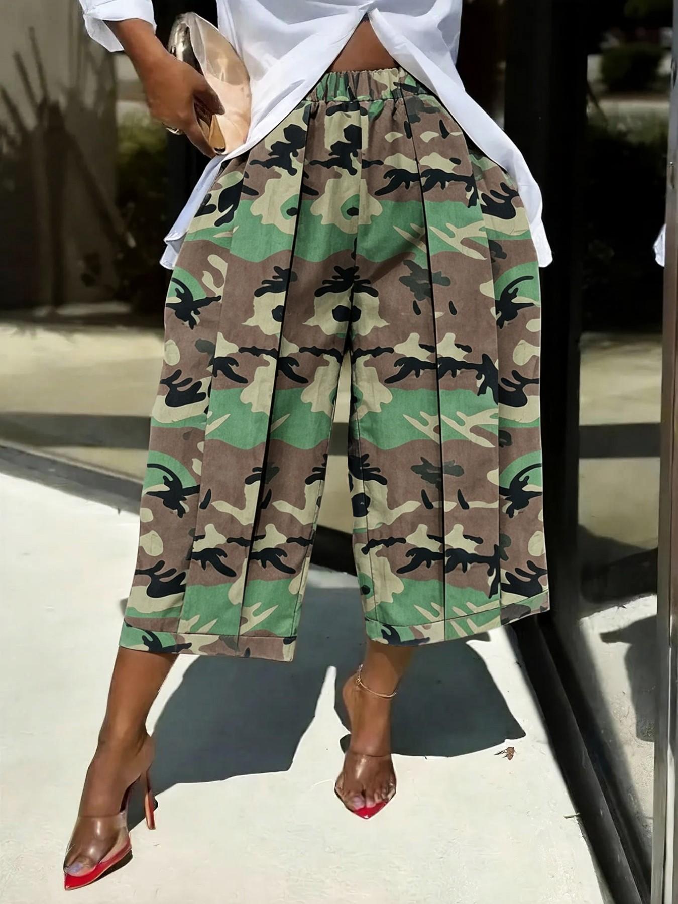 Women's Wide Leg Seven-Quarter Pants Bottom, Summer New Arrival, Elastic Waist, Pleated Slim Fit, Casual Camouflage Workwear
