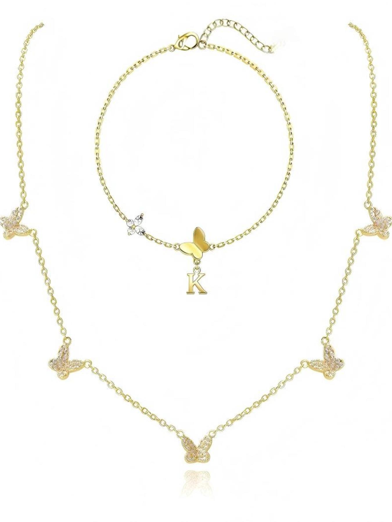 2 Piece Butterfly Necklace Bracelet Set, Women's Unique Letter Jewelry, Trendy Layered Chain Gift, Cute Fashion Accessories