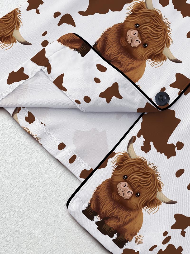 Valentine's Day Women's Sleepwear Set, Comfortable Cute Elastic Highland Cow Milk Cow Pattern Shirt and Pants Two-Piece Suit