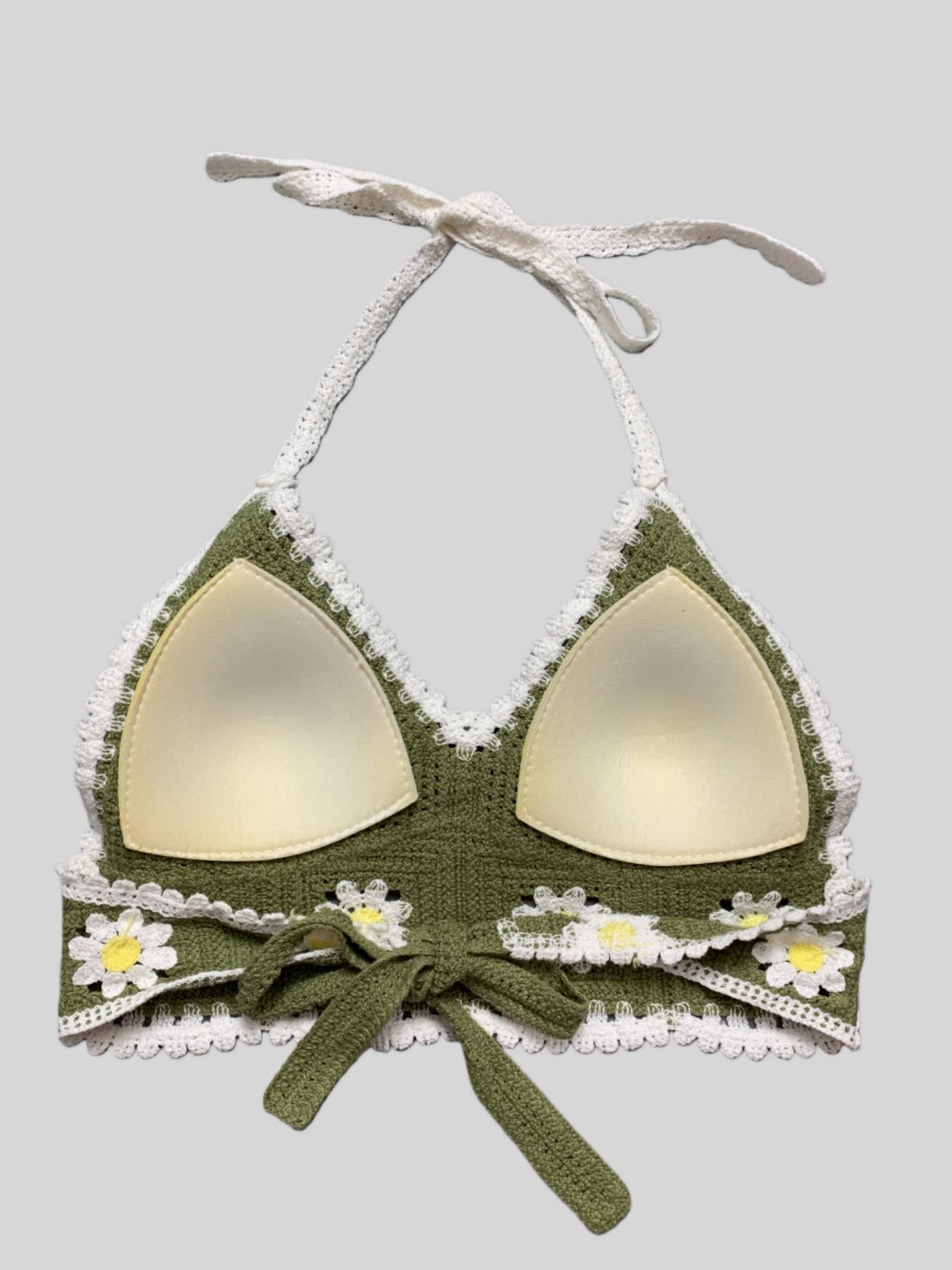 Boho Embroidered Flower Bikini Set, Summer New Halter Backless Swimsuit with Padded Bra, Sexy Sleeveless Crop Top for Vacation and Party