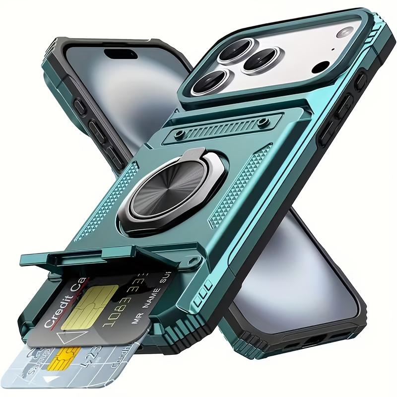 Heavy-Duty Shockproof Hard Case for iPhone 13 14 15 16 E 17 Pro Max Plus, Hidden Dual Card Slot Design with Rotating Metal Stand, Card Holder Protective Cover