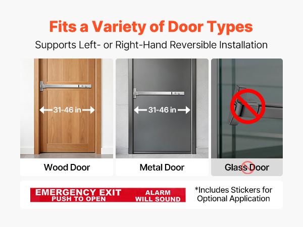 VEVOR Stainless Steel Push Bar Panic Exit Device, 31" Universal Commercial Emergency Exit Door Hardware with Auto Alarm System & Sticker, Anti-Theft for 31"-46" Wood/Metal Doors, Silver for Schools & Apartment Buildings