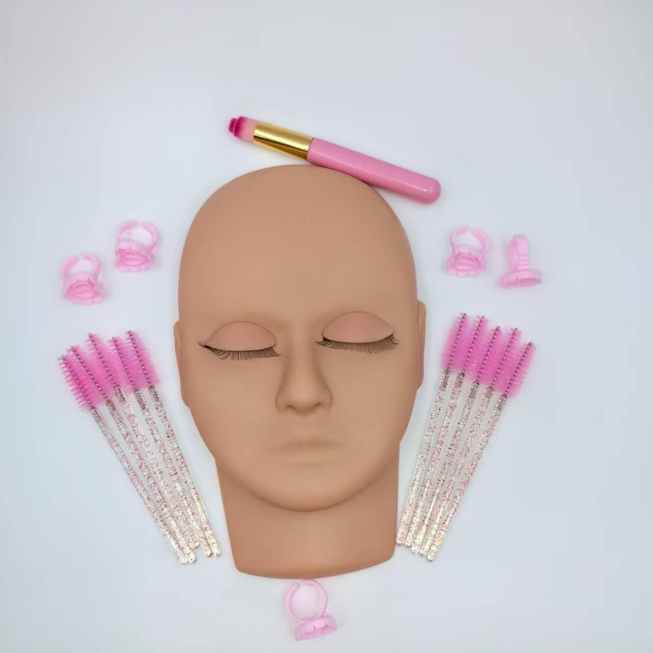 Portable False Eyelash Practice Head Model Kit, Detachable Eye Module, Small Portable Lashes Practice Model, 10 Brushes, 5 Glue Rings, Cleaning Brush
