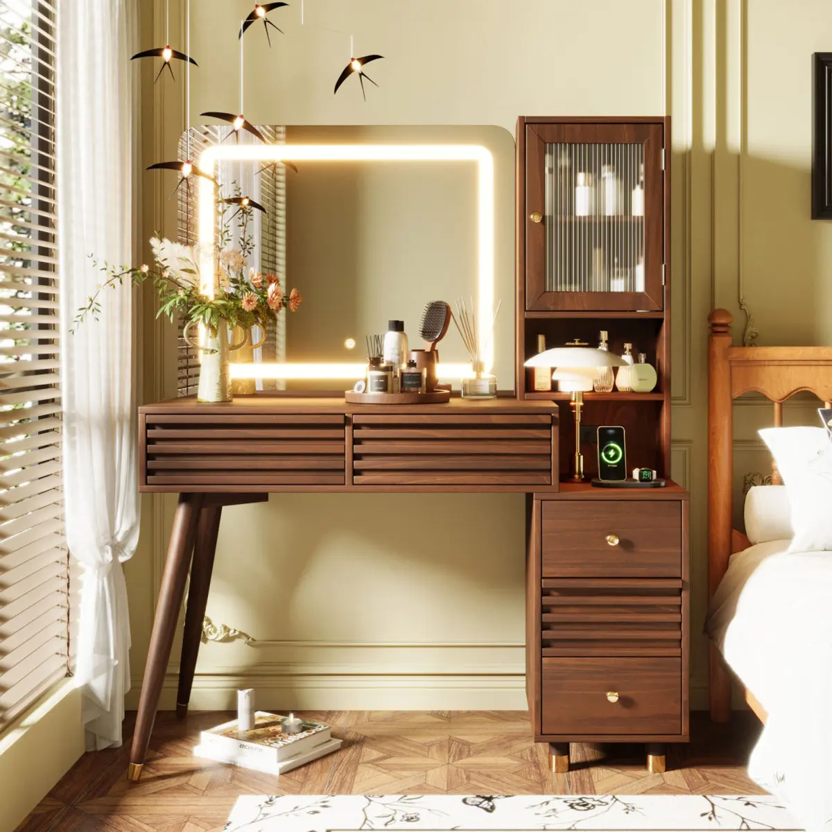 [Bellemave]45.9'' Makeup Vanity Desk with Mirror and Lights, Vanity Table with 5 Drawers and Rubber Wood Legs,, Dressing Table with Fluted Glass Storage Cabinet and Power Outlet,Espresso