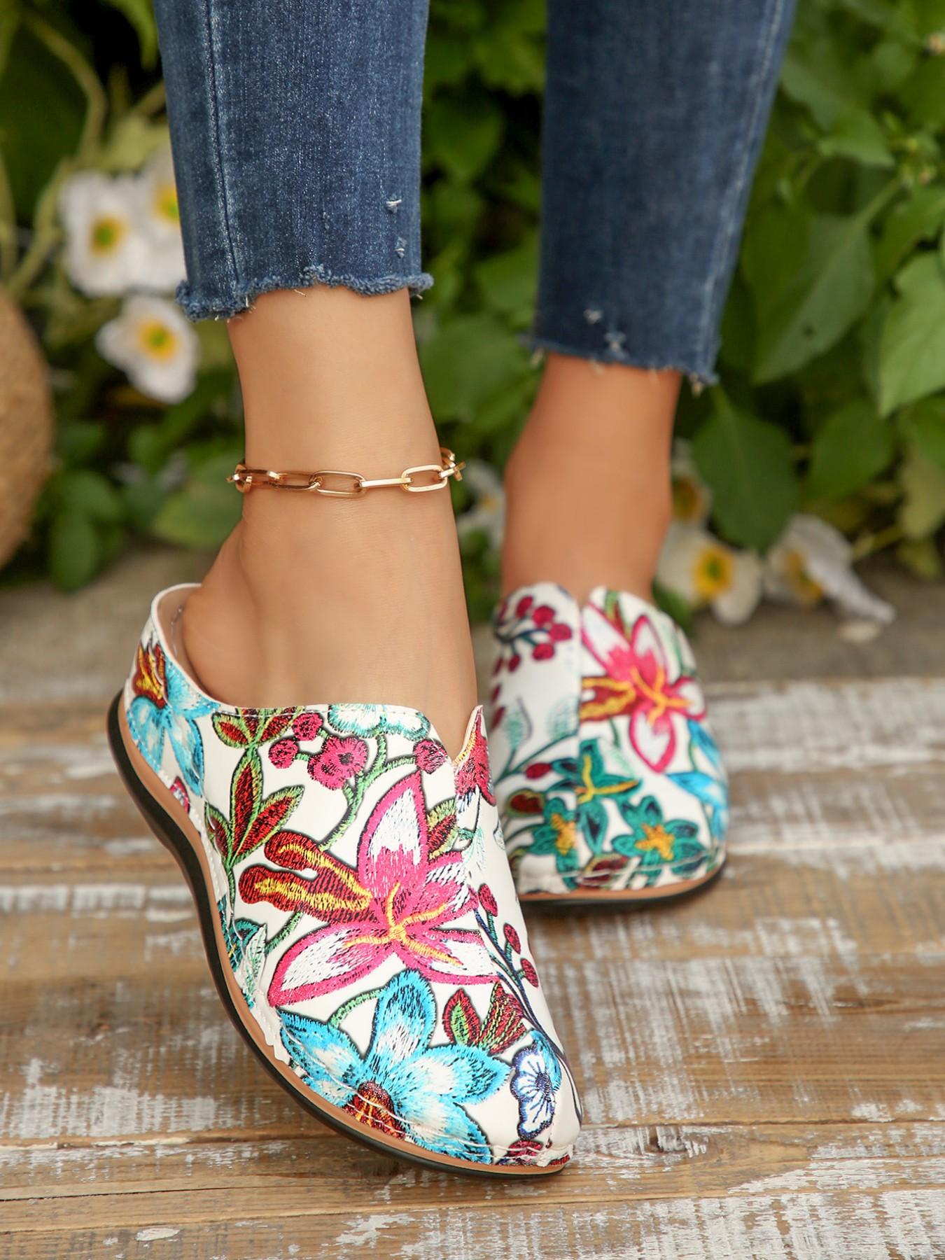 Vintage Floral Print Slip-On Mules, Rubber Sole Anti-Slip Durable, Easy One-Step On/off, Perfect for Commute, Streetwear, Vacation