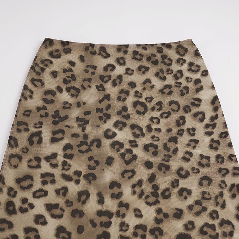 Street Retro Lace Patchwork Leopard Print Midi Skirt, Women's Y2K Aesthetic Summer Low Waist Skirt, Fashionable Layered Hem Design