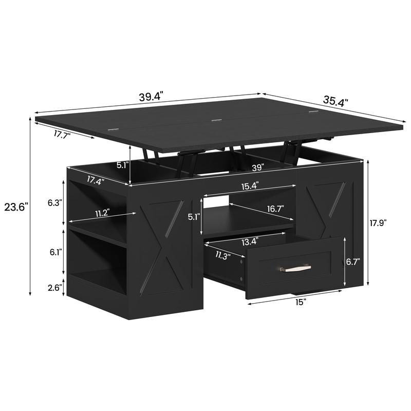 39.37" Large Wooden Farmhouse Coffee Table with Drawer & Open Storage Shelves, Lift Top Coffee Table, Rectangular Living Room Table, Center Table for Living Room, Home Office