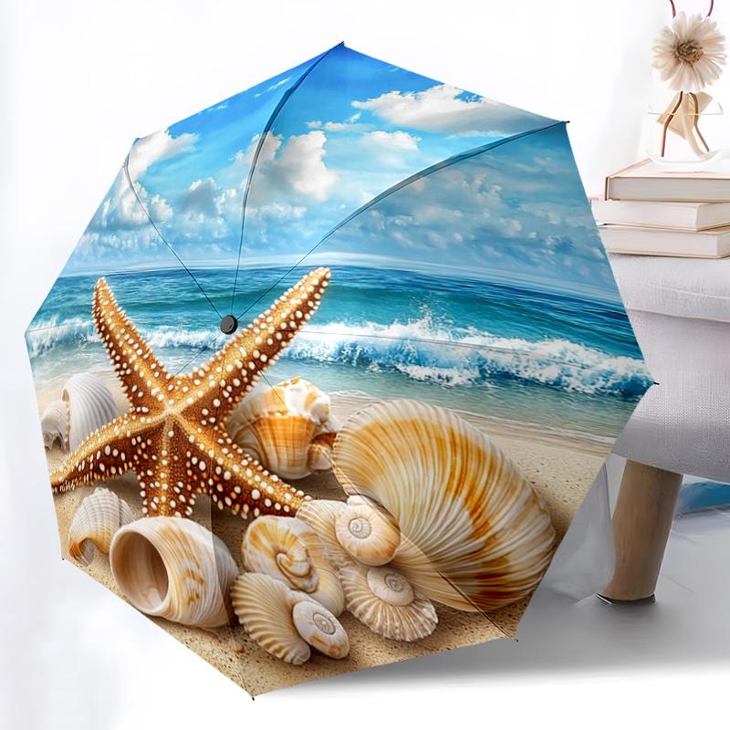 1 PC Automatic Folding Umbrella - Beach Starfish Shells Ocean Waves Pattern, Portable & Foldable Design with 8 Ribs, Merry Christmas Pattern,Casual Outdoor Accessory Halloween and Christmas Birthday Gifts. G00125