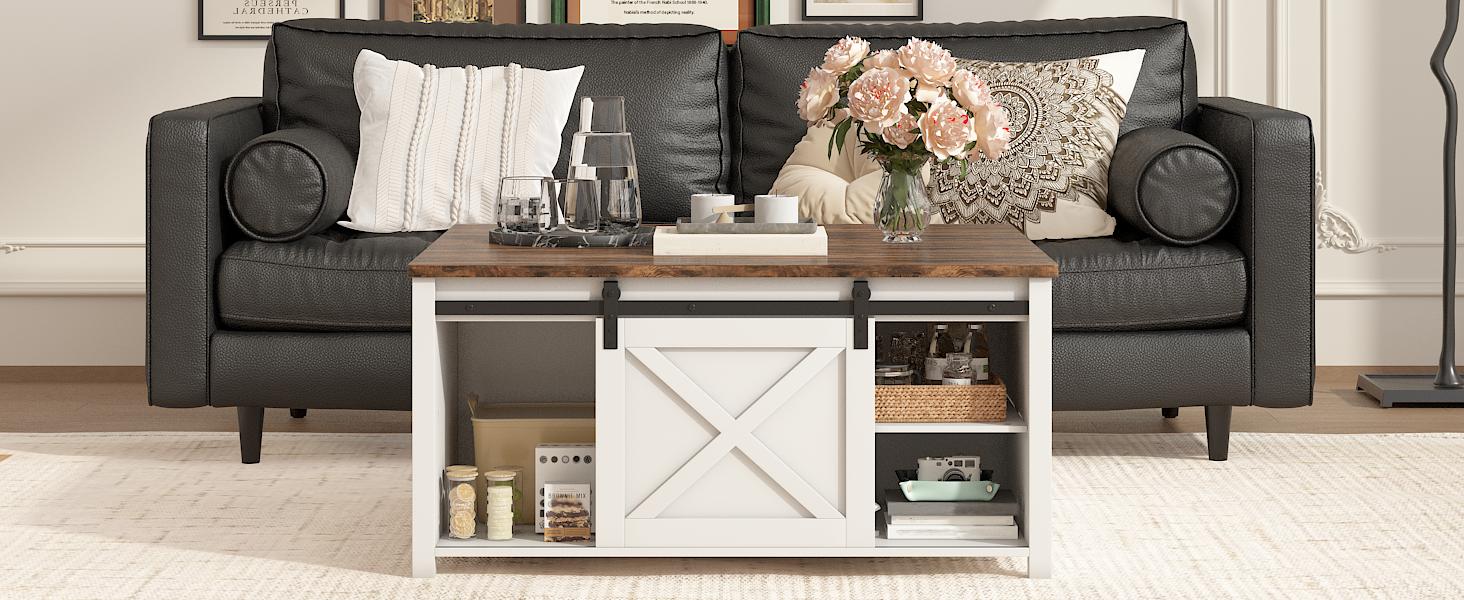PUKAMI Lift Top Coffee Table with Storage, 31.5" Farmhouse Coffee Table for Living Room, Square Coffee Tables with Large Hidden Storage and Sliding Barn Doors