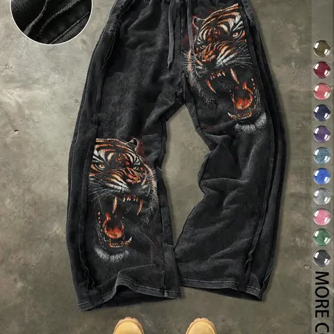 Men's Casual Loose Cotton Pants, Tiger Print, Street Style, Drawstring Waist, Ankle Length, All Seasons, Ideal for Outdoor & Gifts, Casual Outdoor Trouser