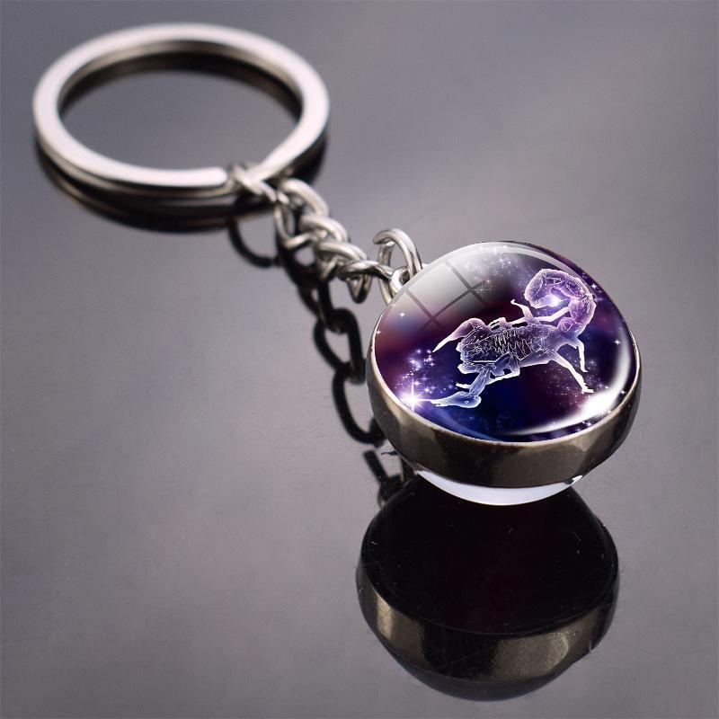 New Fashion Double Side Glass Ball Pendant Keychain 12 Zodiac Signs Keyring for Boyfriend Girlfriend Birthday Gifts