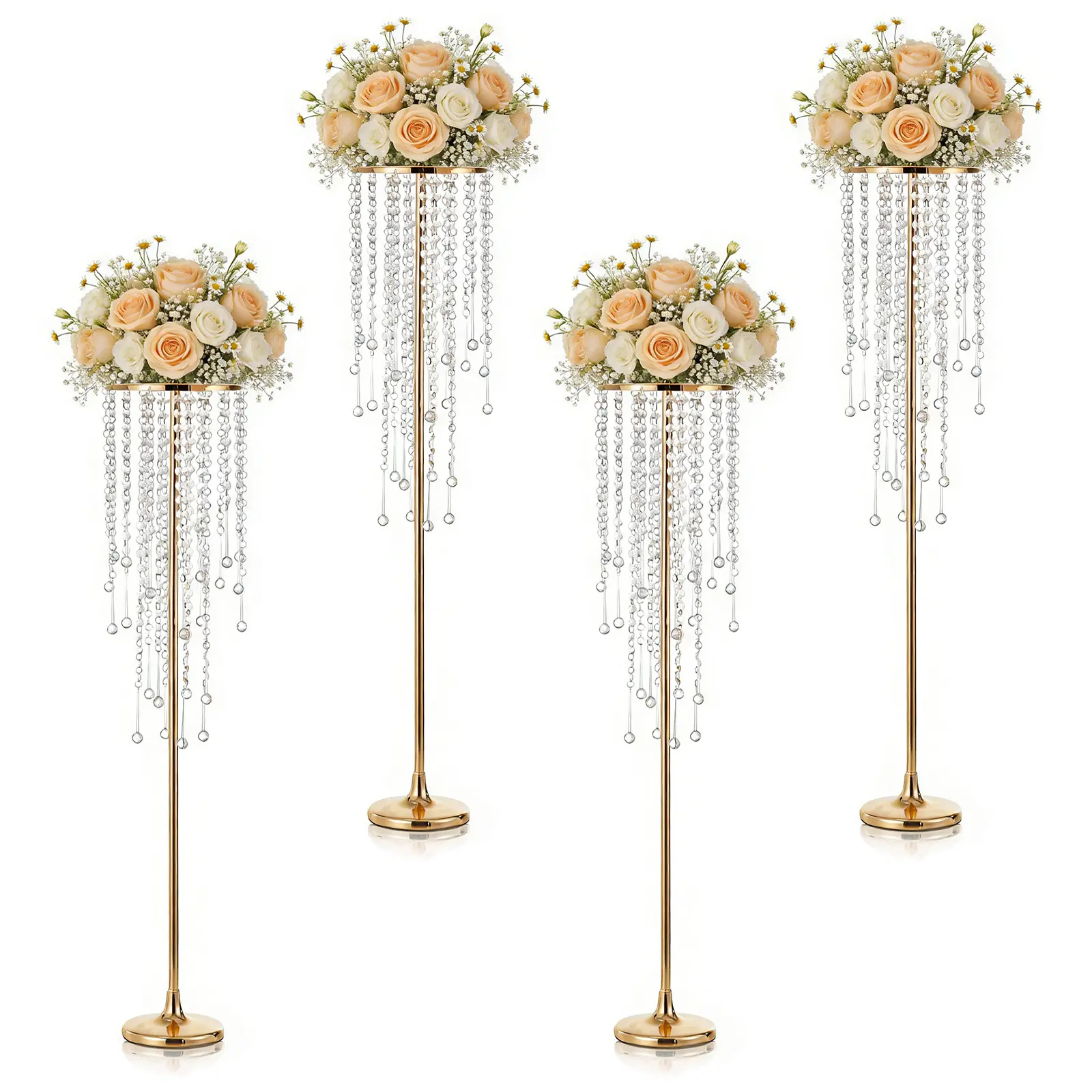 2-4 Pcs 39.4" Tall Gold Metal Flower Vases with Crystal Beads – Wedding Centerpieces for Tables, Party & Home Decor, Rust-Resistant