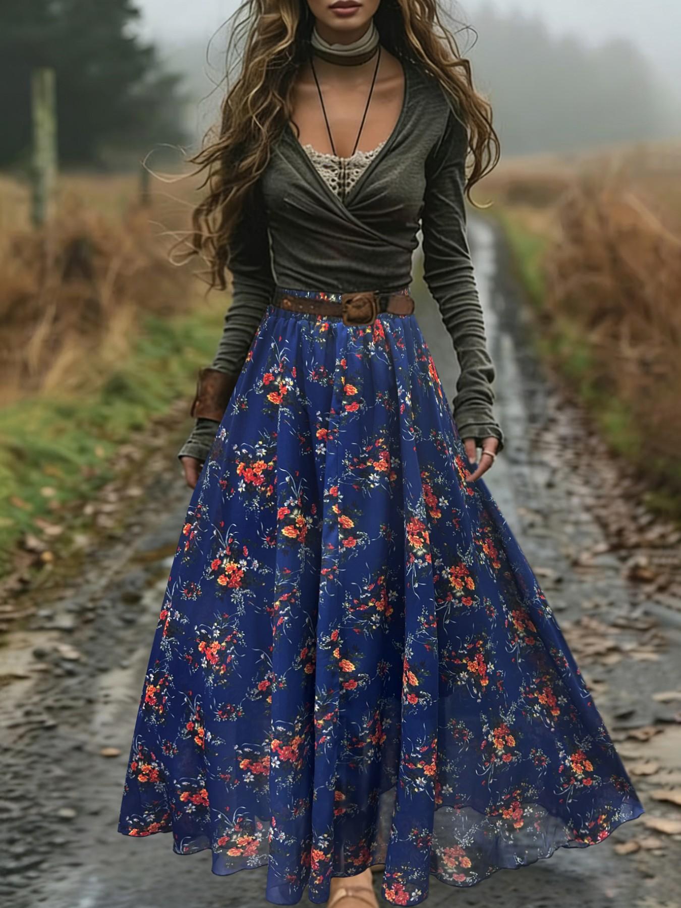 Women's Floral Print Skirt, Elegant Boho Bohemian Style Long Skirt for Beach Holiday Vacation, Ladies Bottoms for All Seasons, Womenswear