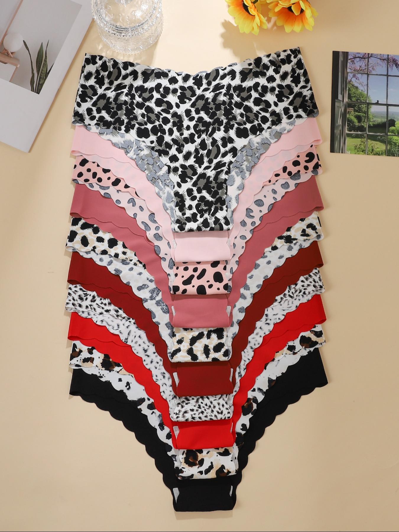 Women's Leopard Print & Solid Color Panties, Comfortable Seamless Fitted Briefs, V-Shaped Pull-Up Waistband, Floral Pattern