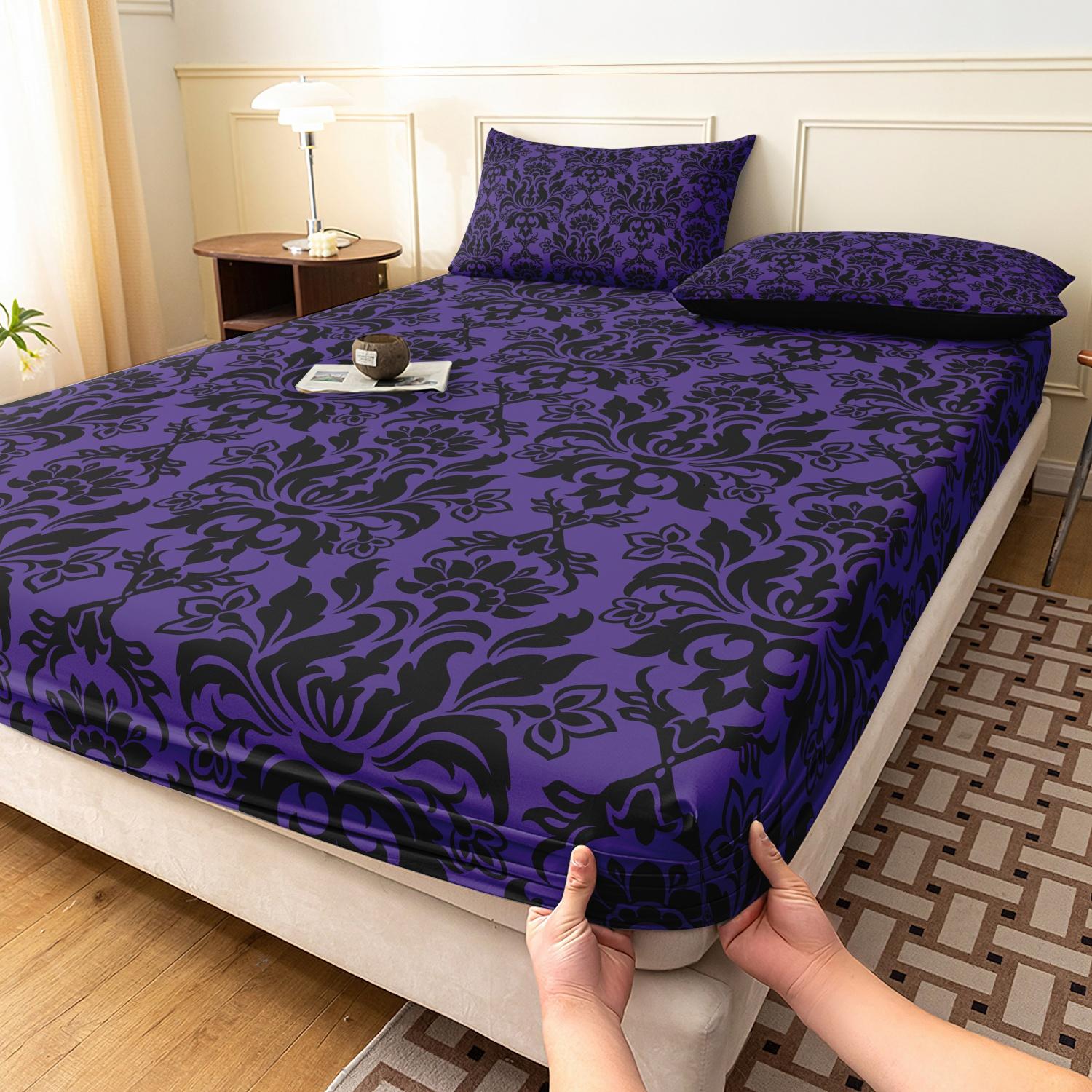 3pcs Fitted Sheet Set (1 Fitted Sheet + 2 Pillowcases, Pillow Core Not Included), Home Dormitory High-Definition Printed Black Pattern Fitted Sheet